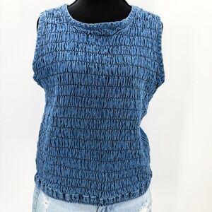 Angelique Denim Smocked Tank Top M Blue Sleeveless Ruched Cotton western Boho